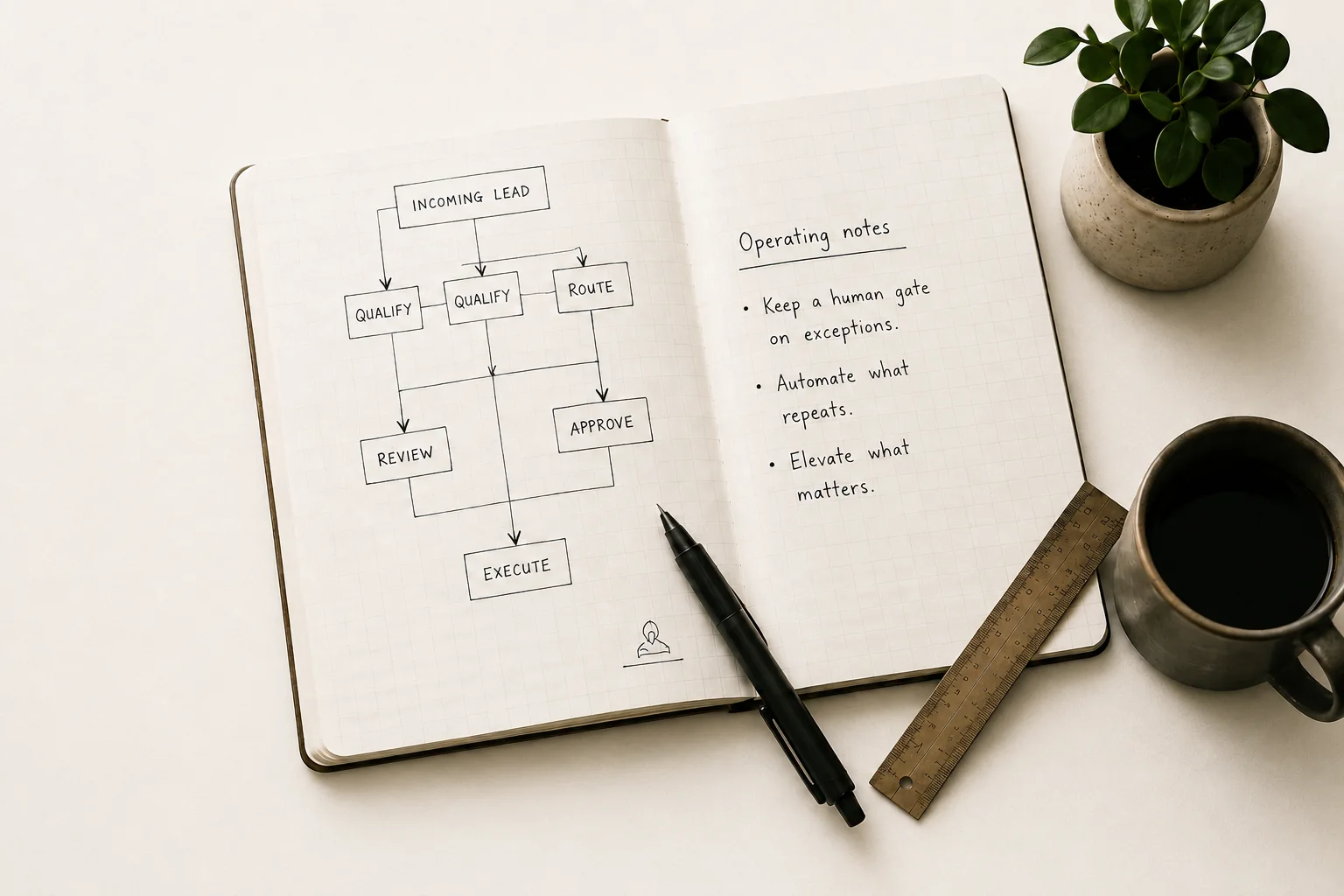 Open notebook on a marble desk with a hand-drawn workflow, operating notes, a pen, ruler, plant, and coffee.