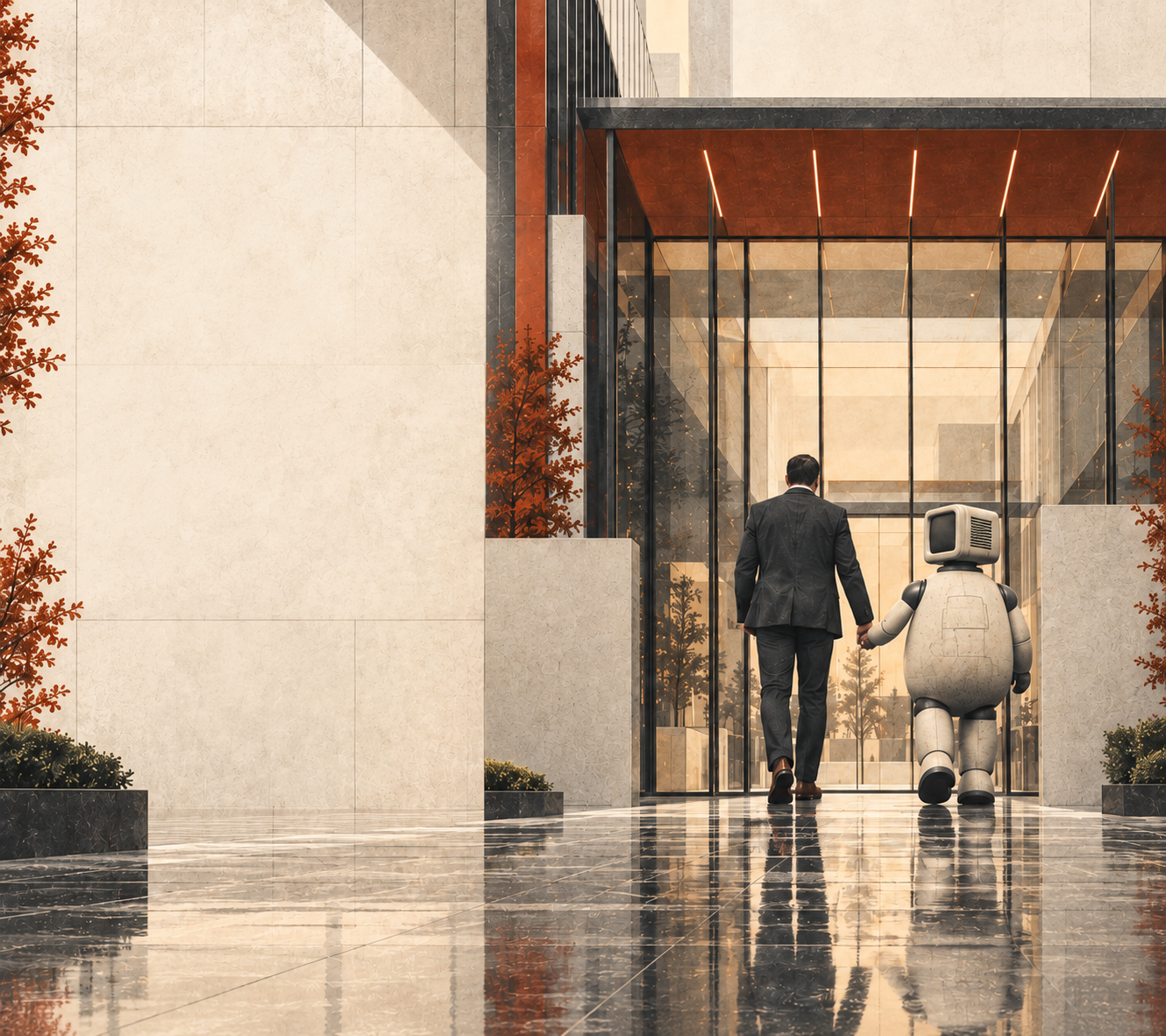 A person and a small robot arrive together at a warm, sunlit office entrance.